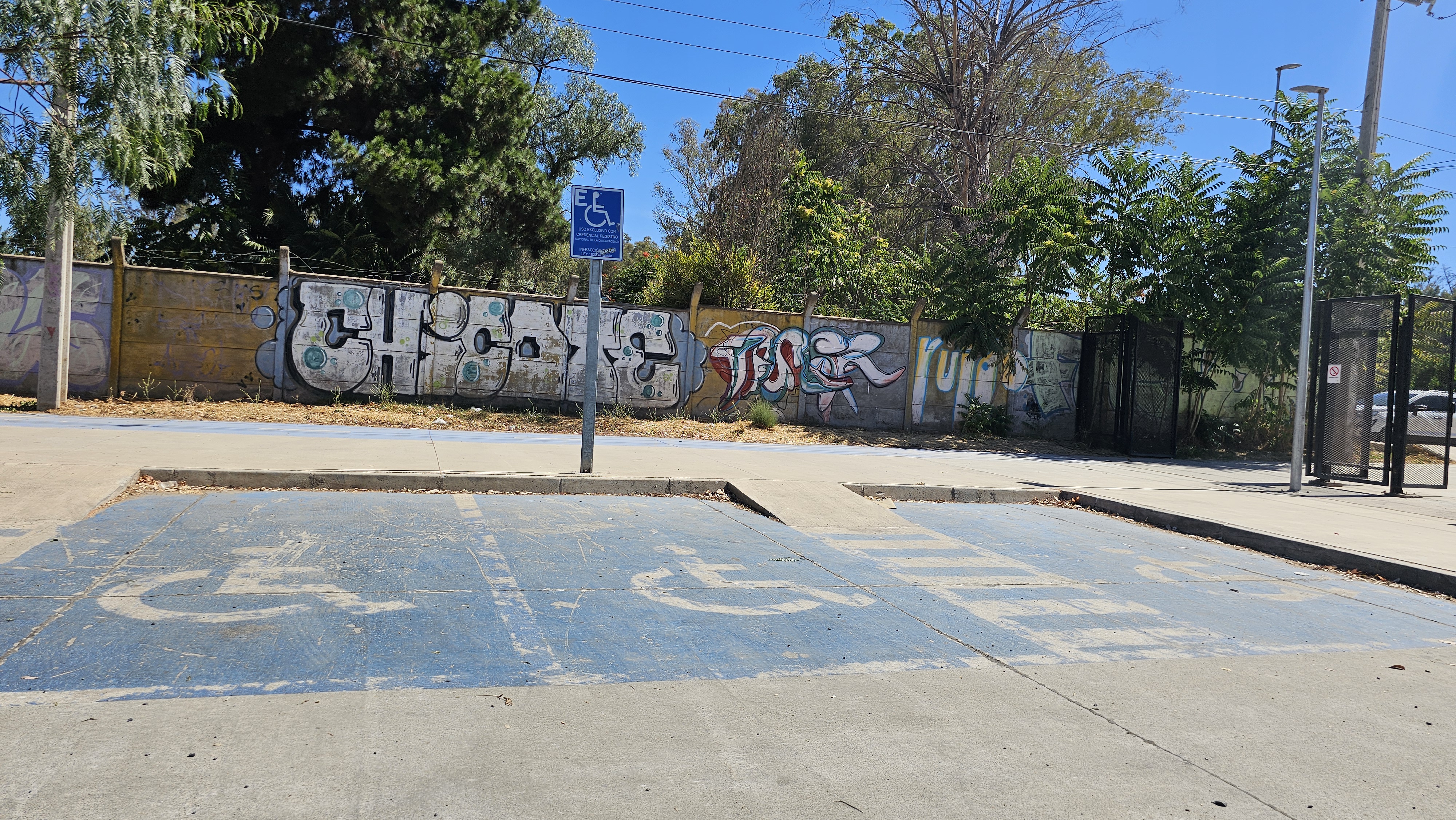 Fotografía de Estacionamiento para personas con discapacidad triple, desde un enfoque frontal, cuenta con todo alrededor pavimentado